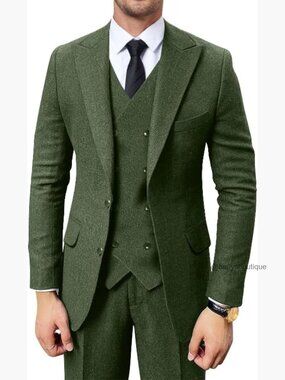 Men's Herringbone Tweed 3-Piece Suit Set Jacket Vest Pants Formal Wear